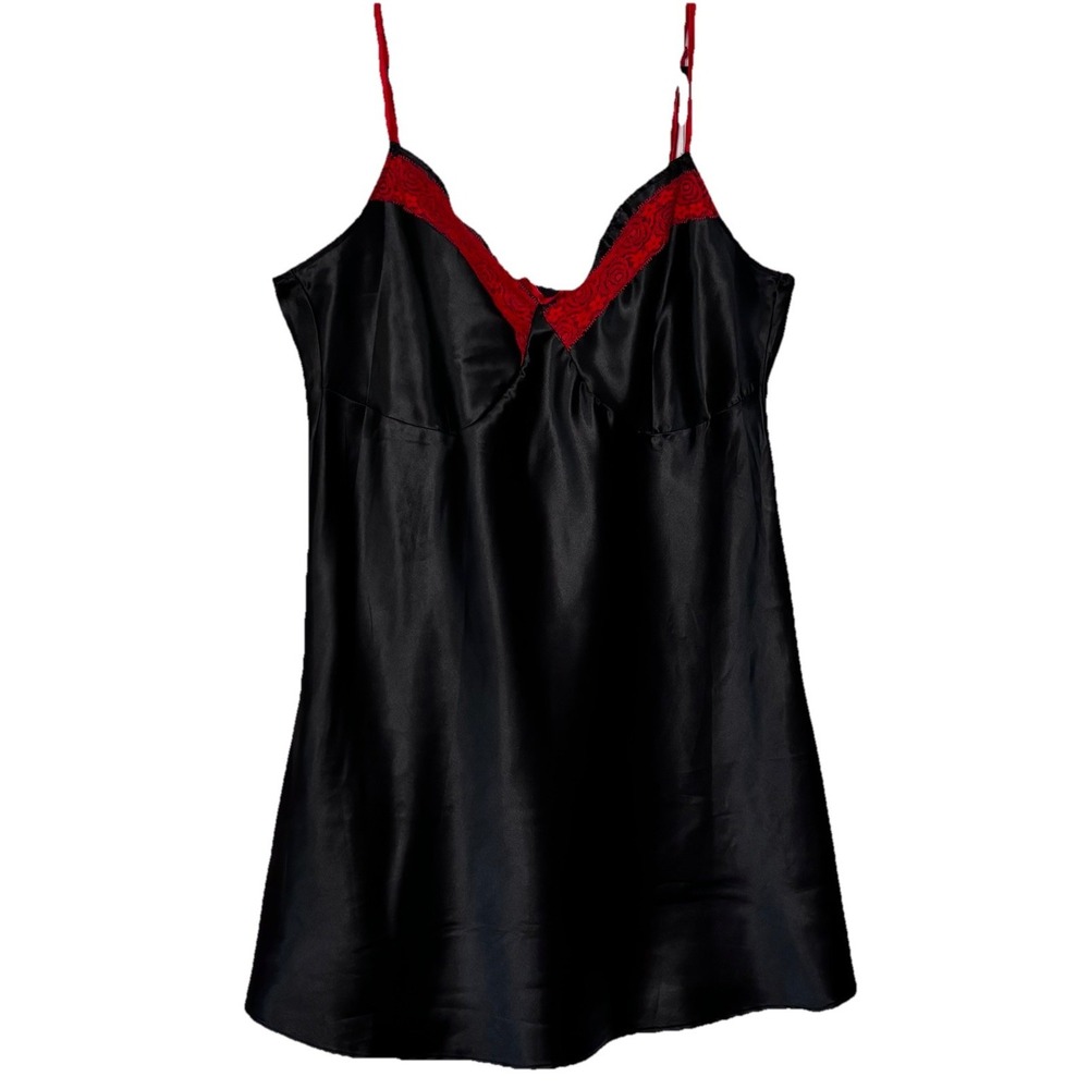 Vtg True Desire Satin Slip Dress XL Chemise Black Red Lace Goth Y2K Grunge Vamp